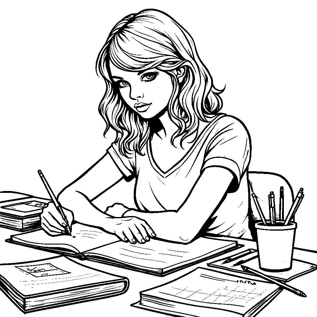 Taylor Swift sitting at a desk, writing songs in a journal