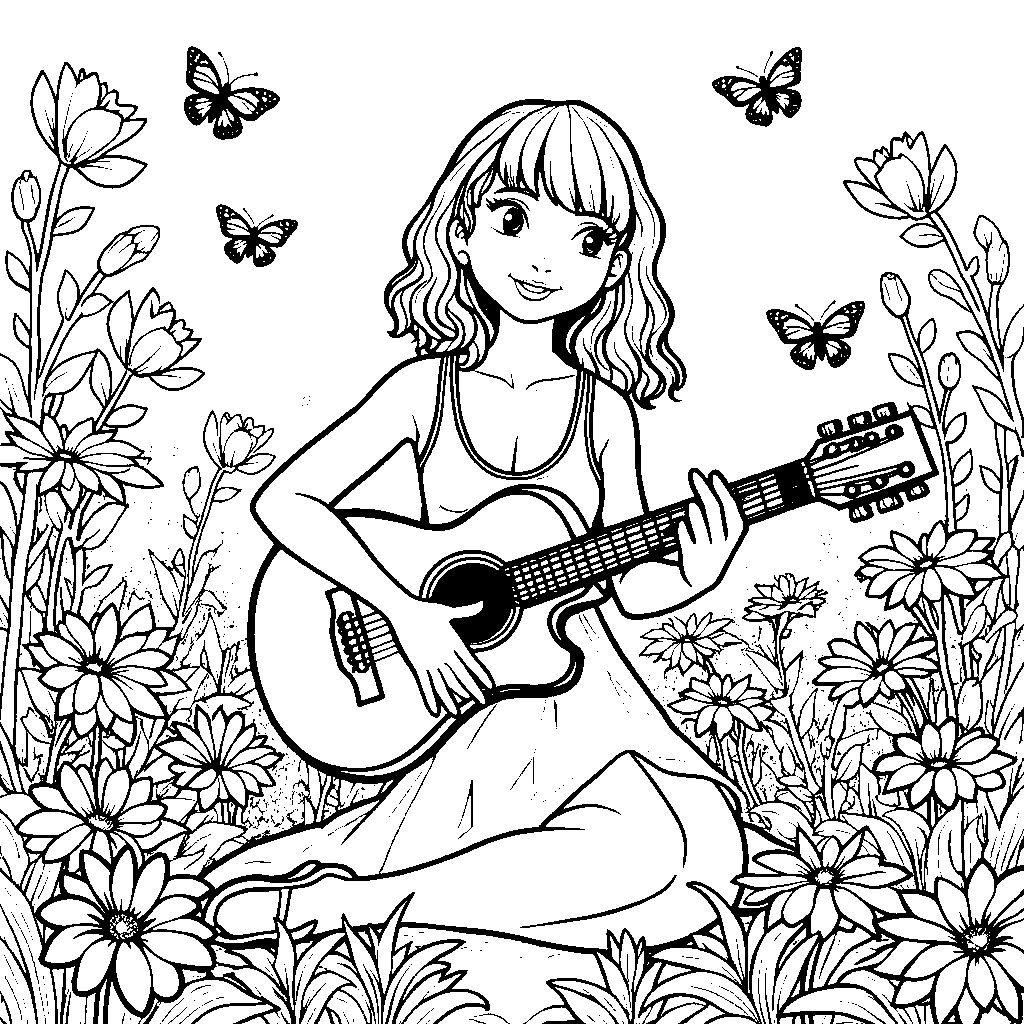 Taylor Swift sitting in a garden, surrounded by flowers and butterflies