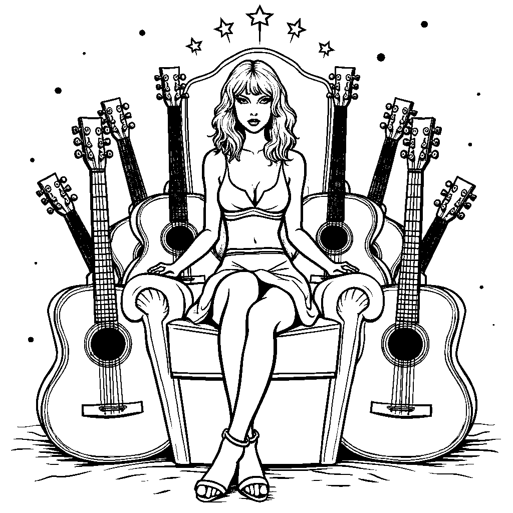 Taylor Swift sitting on a throne made of guitars and music awards