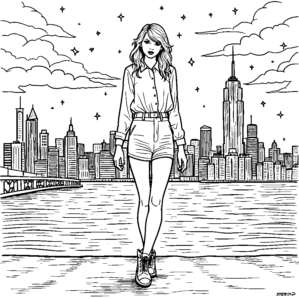 Taylor Swift standing in front of a city skyline, shining bright like a star