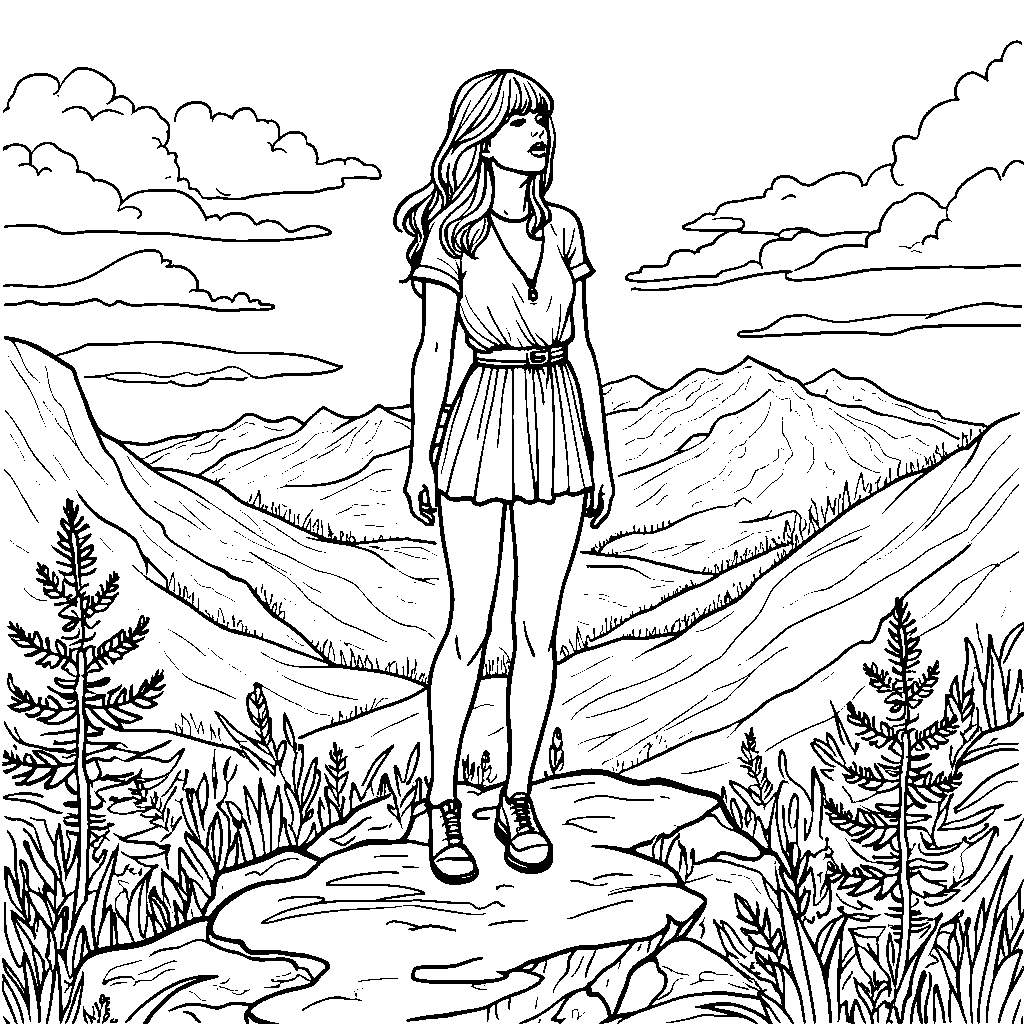 Taylor Swift standing on a mountain top, singing to the world below