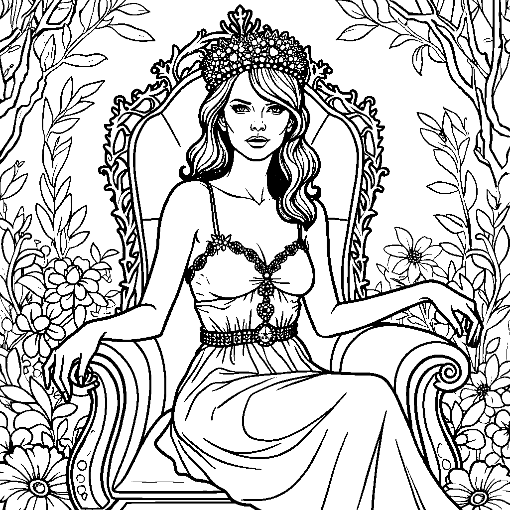 Taylor Swift wearing a crown made of flowers, sitting on a throne