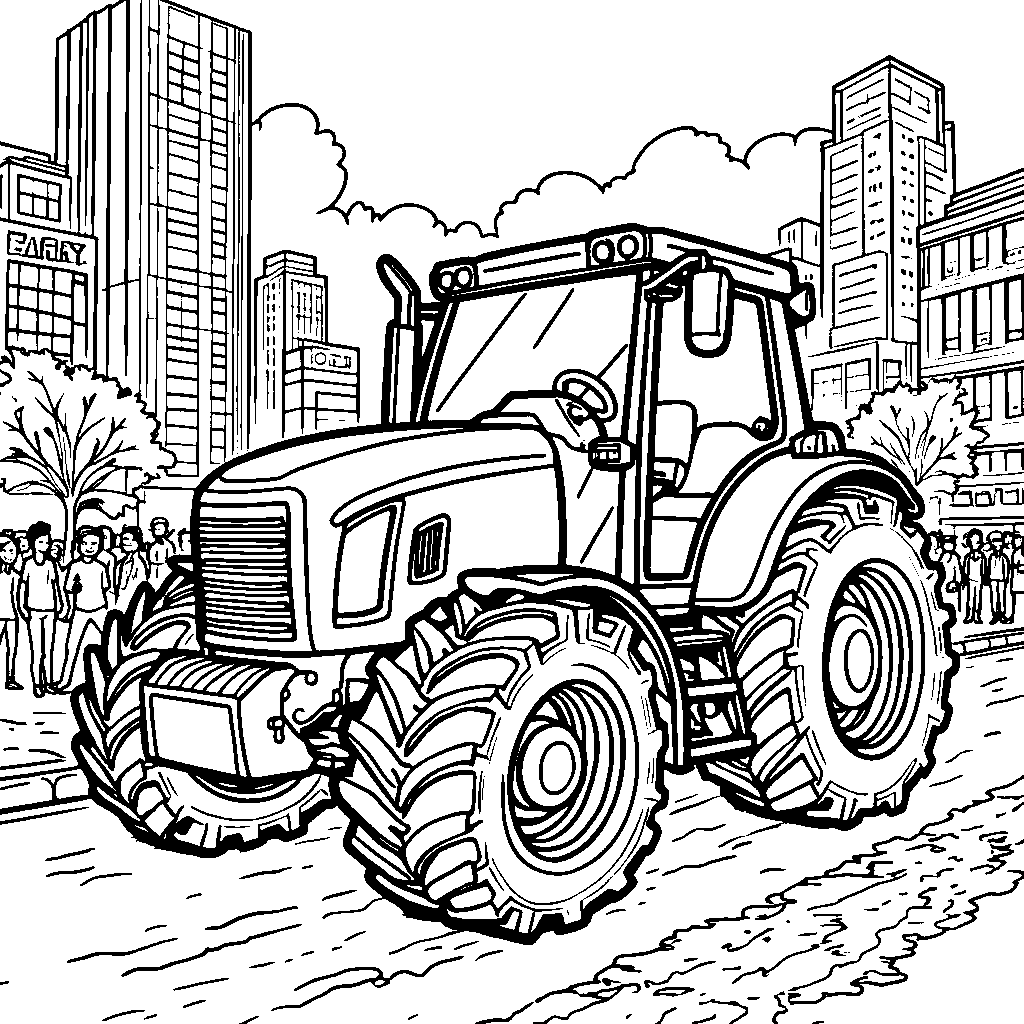 A tractor in a city, surrounded by skyscrapers