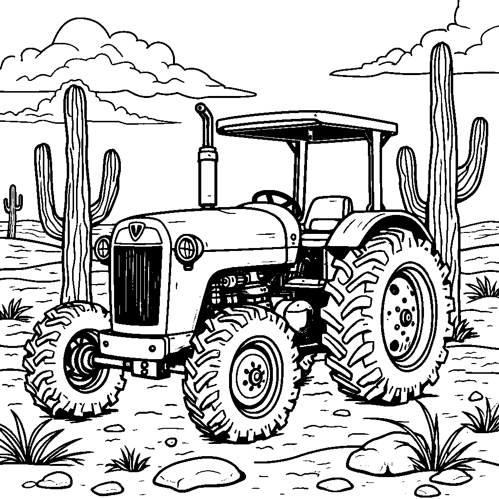 A tractor in a desert, surrounded by cacti