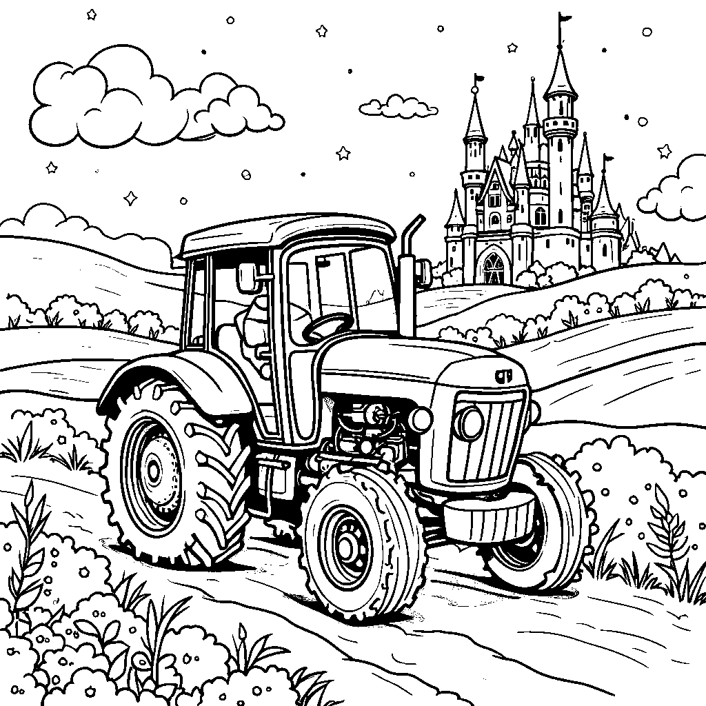 A tractor in a fairy tale, with a castle in the background