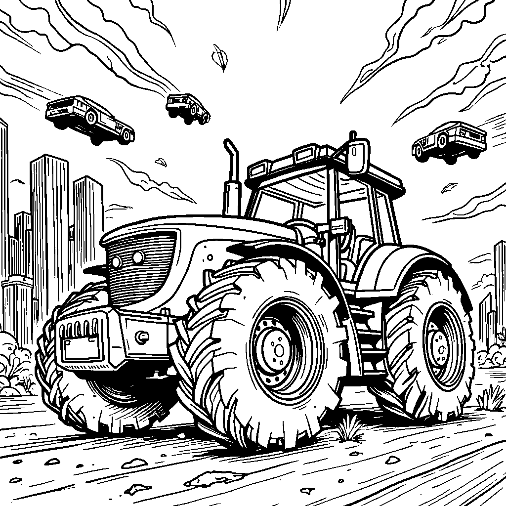 A tractor in a futuristic city, with flying cars