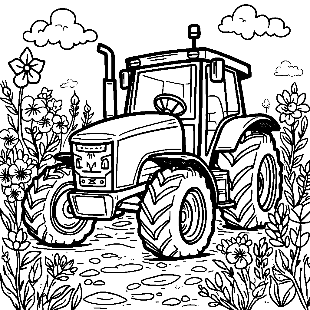 A tractor in a garden, surrounded by flowers