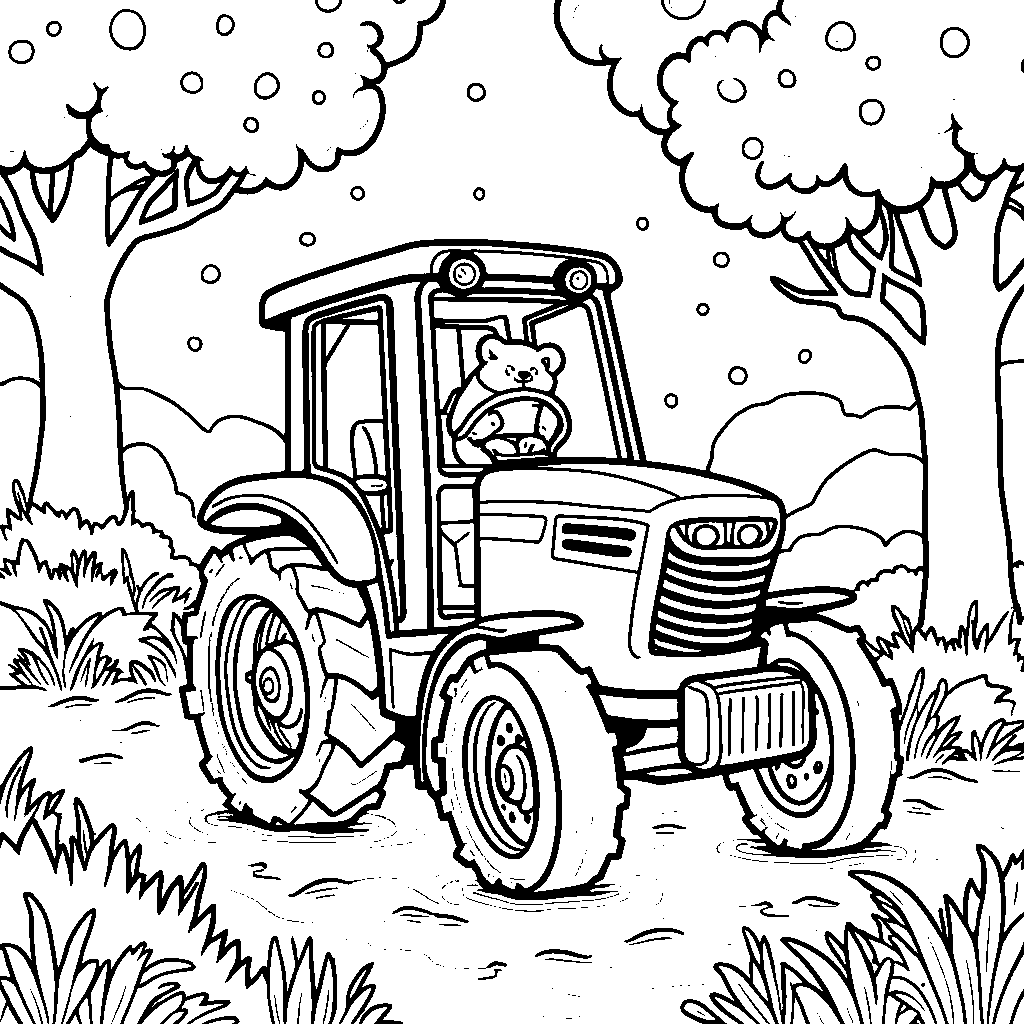 A tractor in a magical forest, with sparkling trees