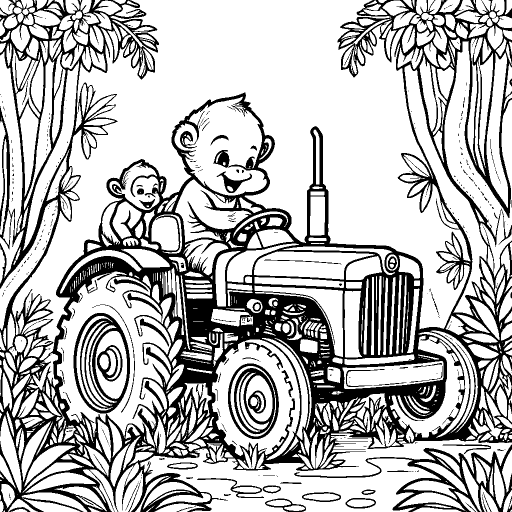 A tractor in the jungle, surrounded by exotic animals