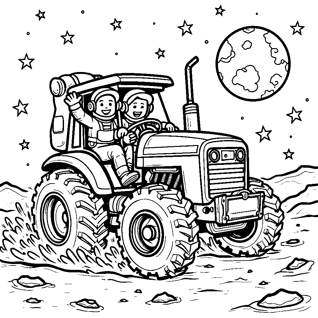 A tractor on the moon, with astronauts waving