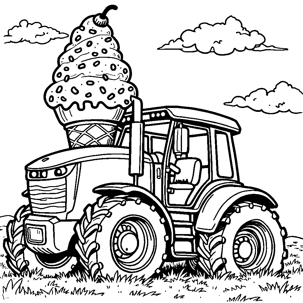 A tractor pulling a giant ice cream cone