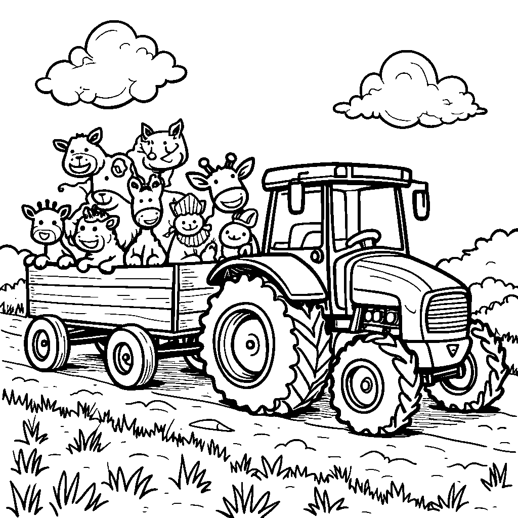 A tractor pulling a wagon full of happy animals