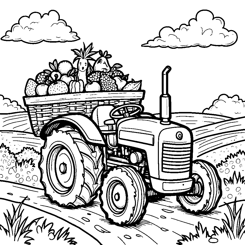 A tractor with a big basket full of fruits