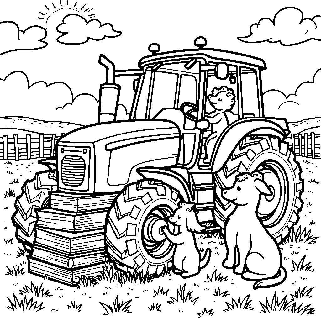 A tractor with a big book, reading a story