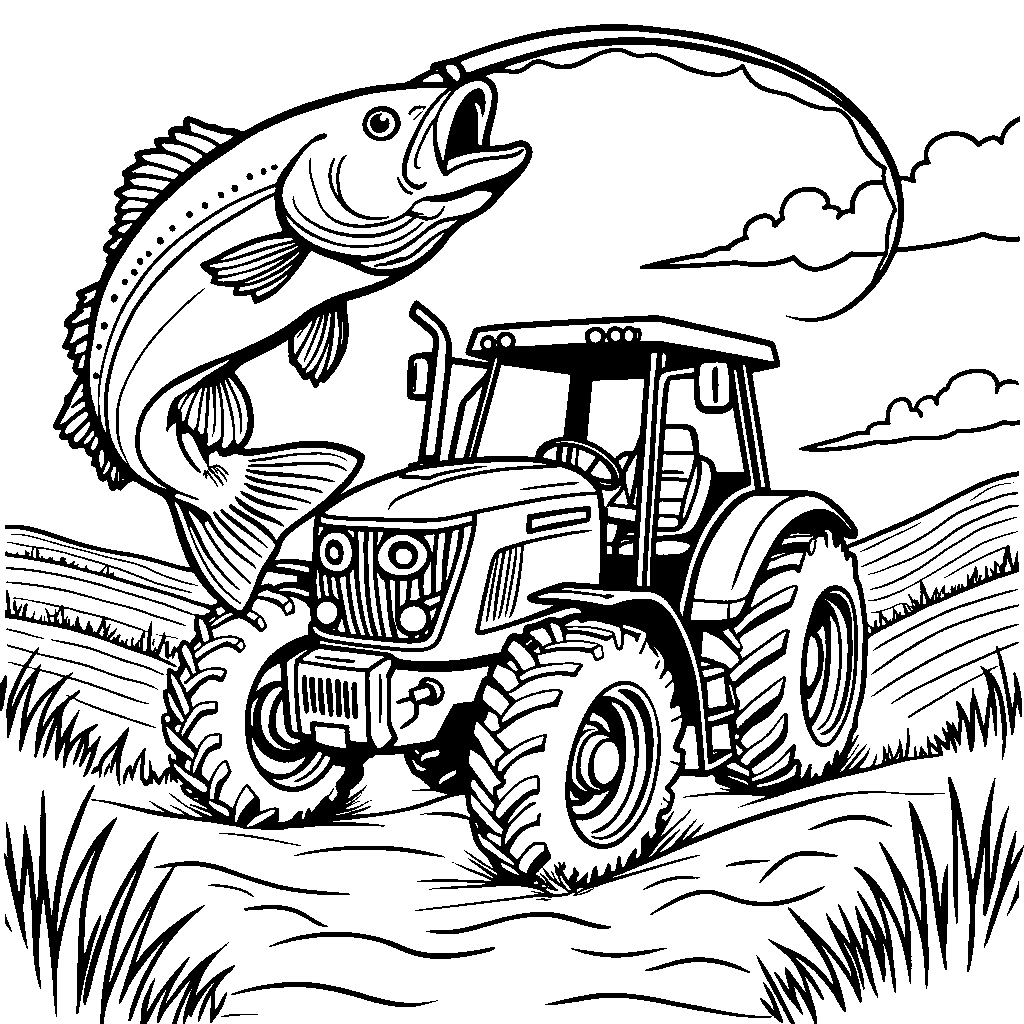 A tractor with a big fishing rod, catching a fish