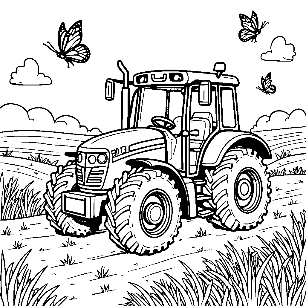 Tractor driving through a field of butterflies