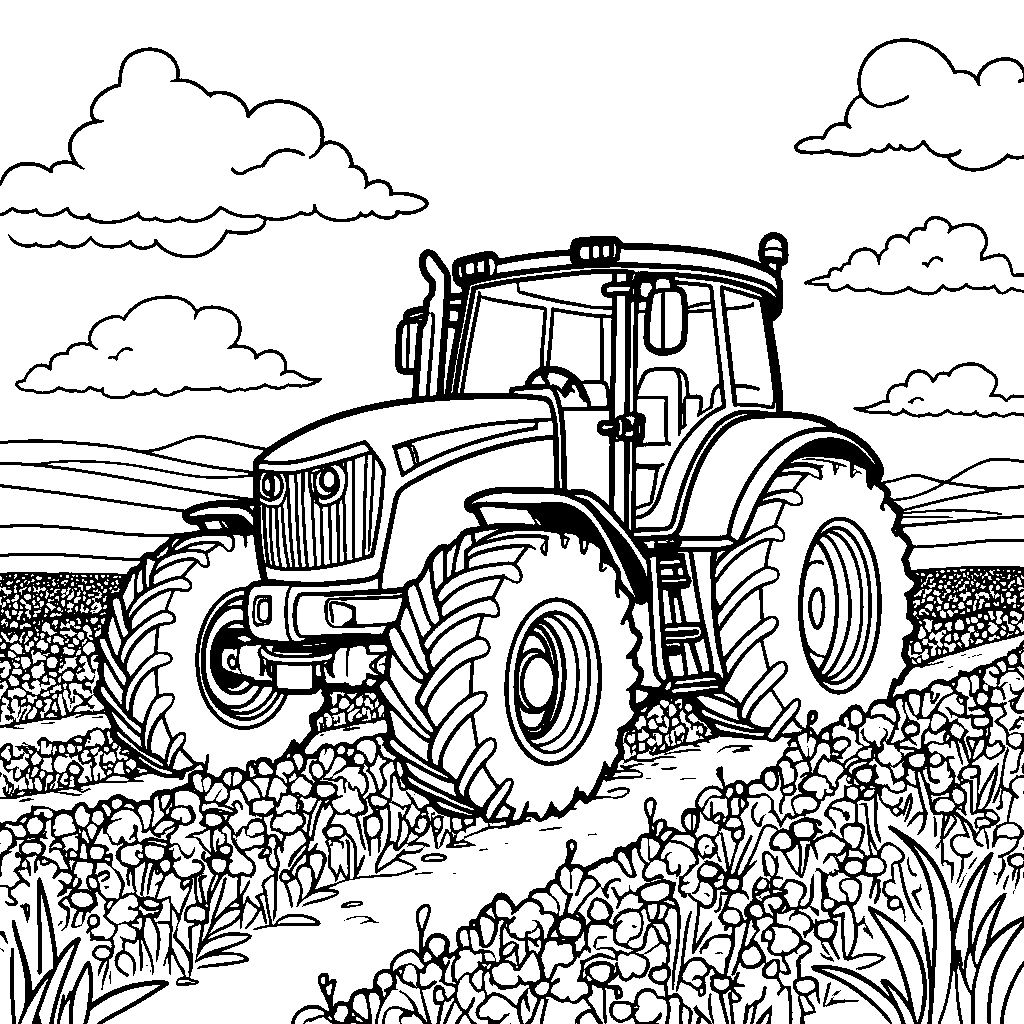 A tractor driving through a field of rainbow-colored flowers