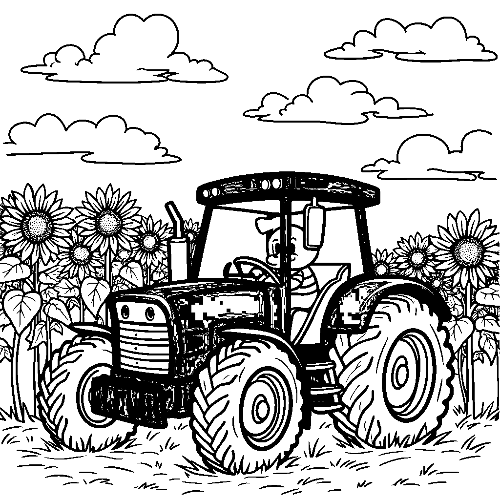 Tractor driving through a field of sunflowers