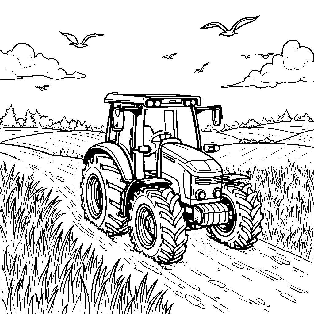 Tractor driving through a field of tall grass