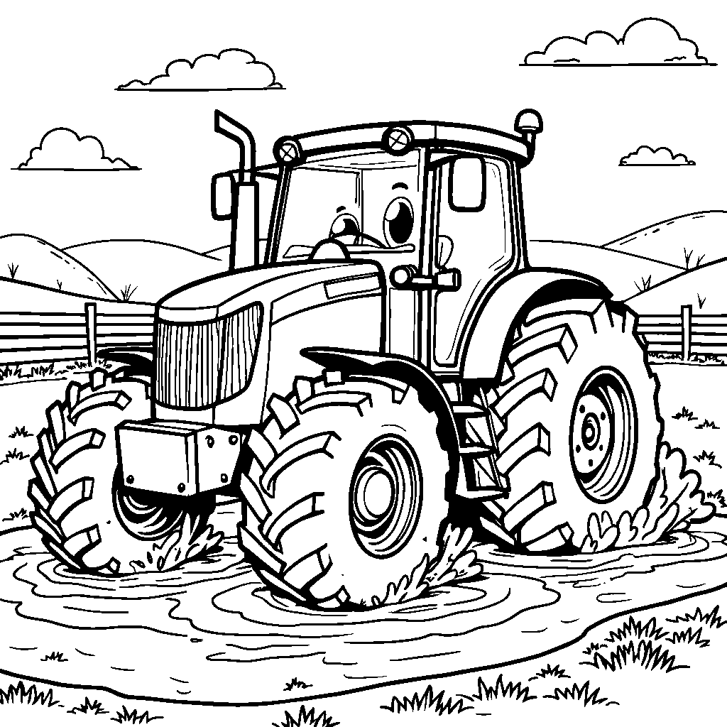 A tractor driving through a muddy puddle