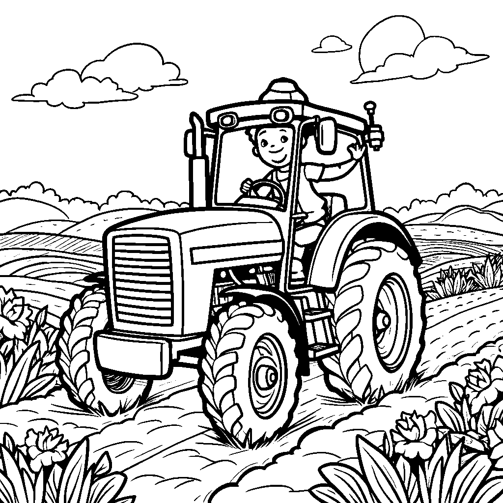 Tractor driving through a sunny farm