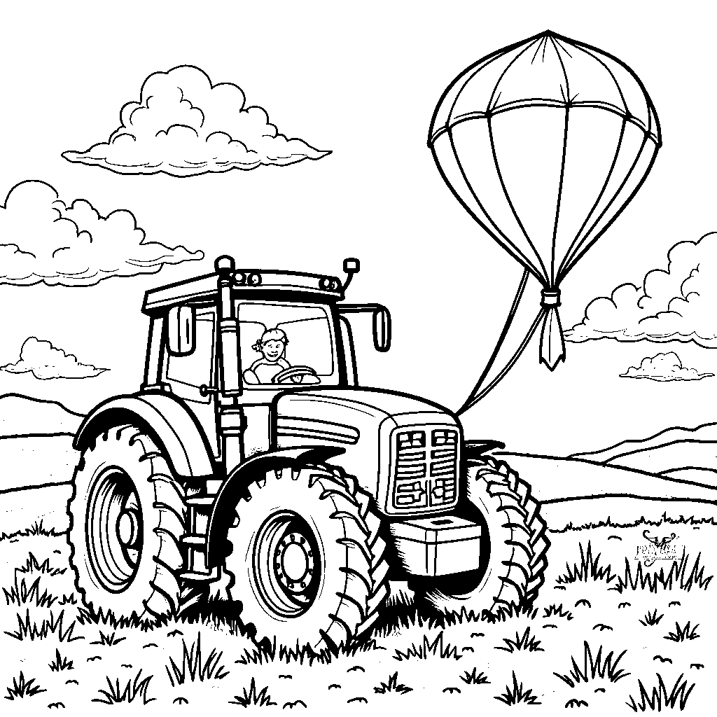 Tractor pulling a giant kite, flying high in the sky