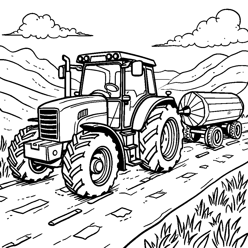 Tractor pulling a giant pencil, drawing a road