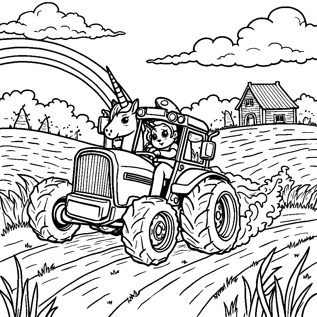 Tractor racing with a unicorn