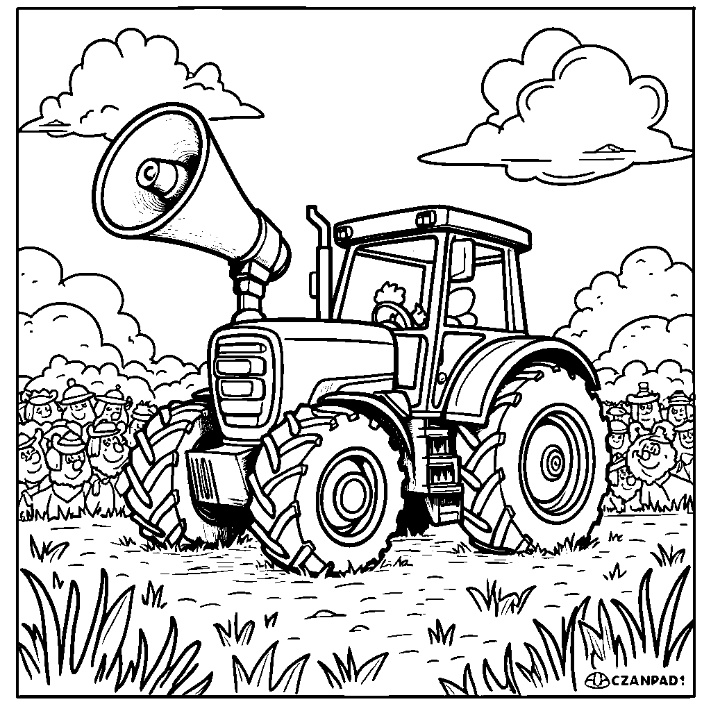 Tractor with a big megaphone, shouting happy messages