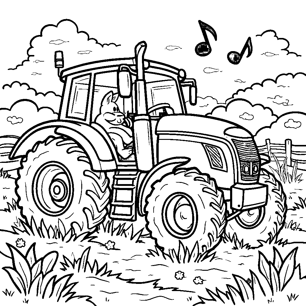 Tractor with a big musical note, playing music