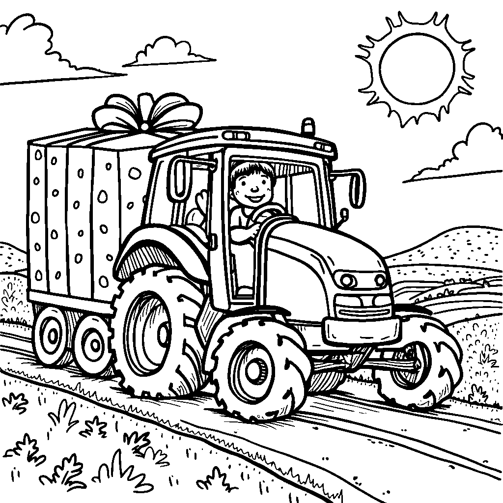 Tractor with a big present, wrapped in colorful paper