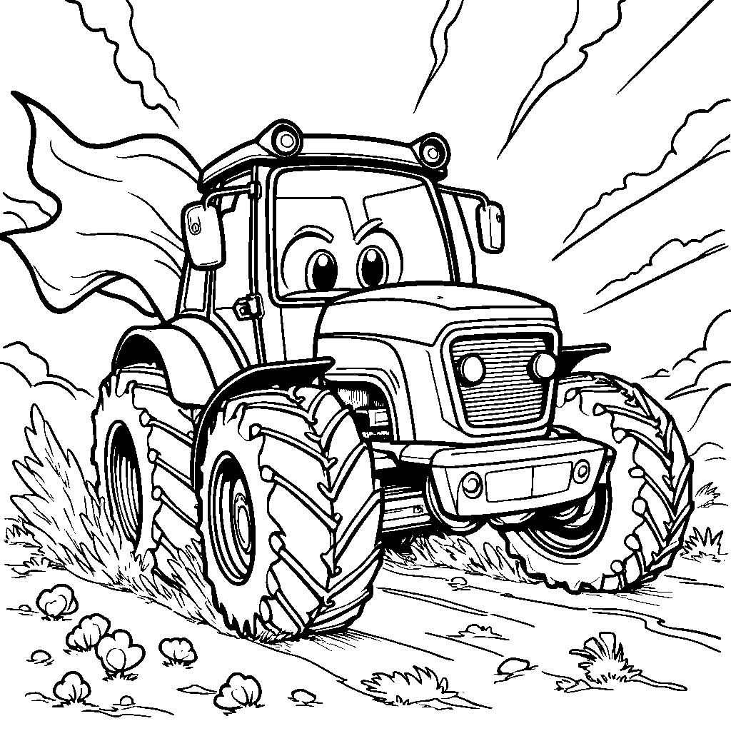 Tractor with a superhero cape flying behind it