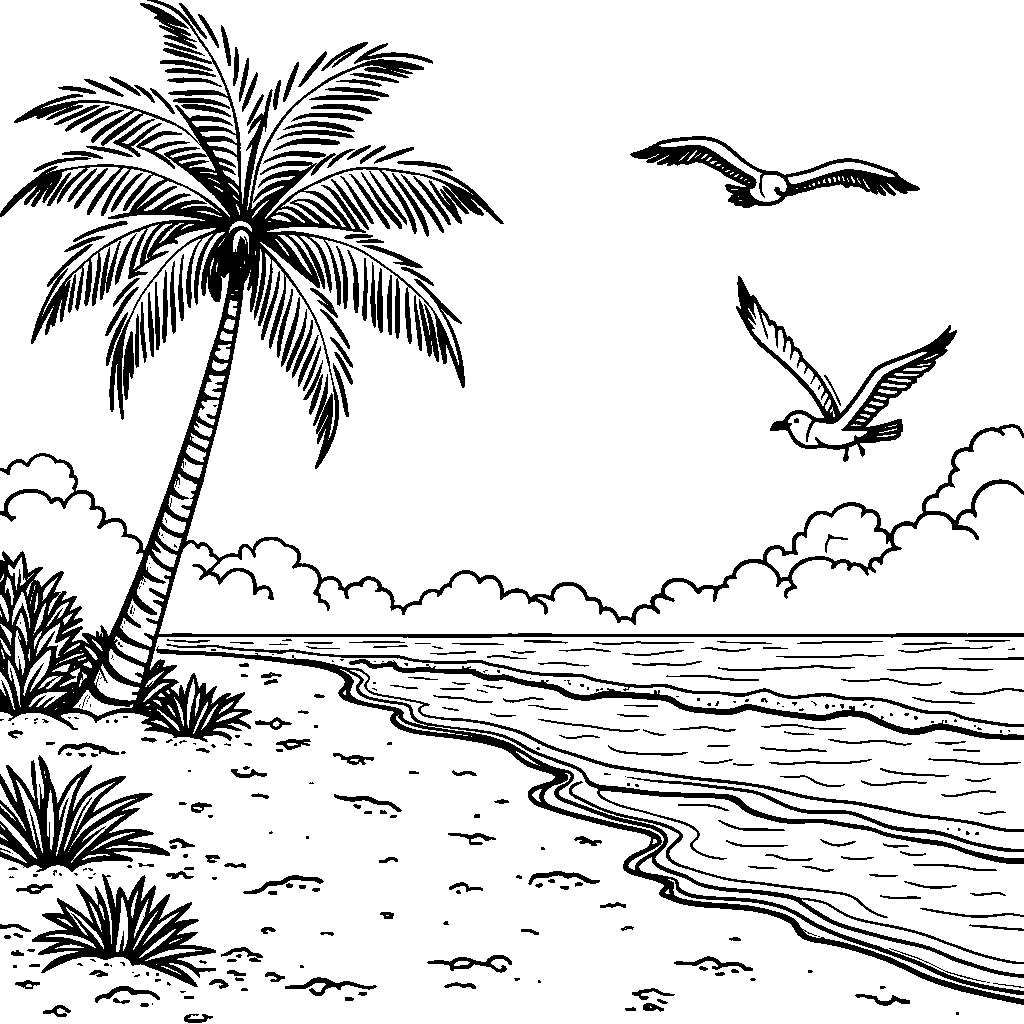 A tall palm tree on a sunny beach with seagulls flying overhead