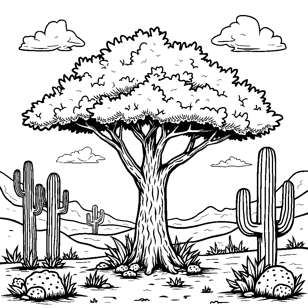 A tree that is growing in a desert with cacti around it