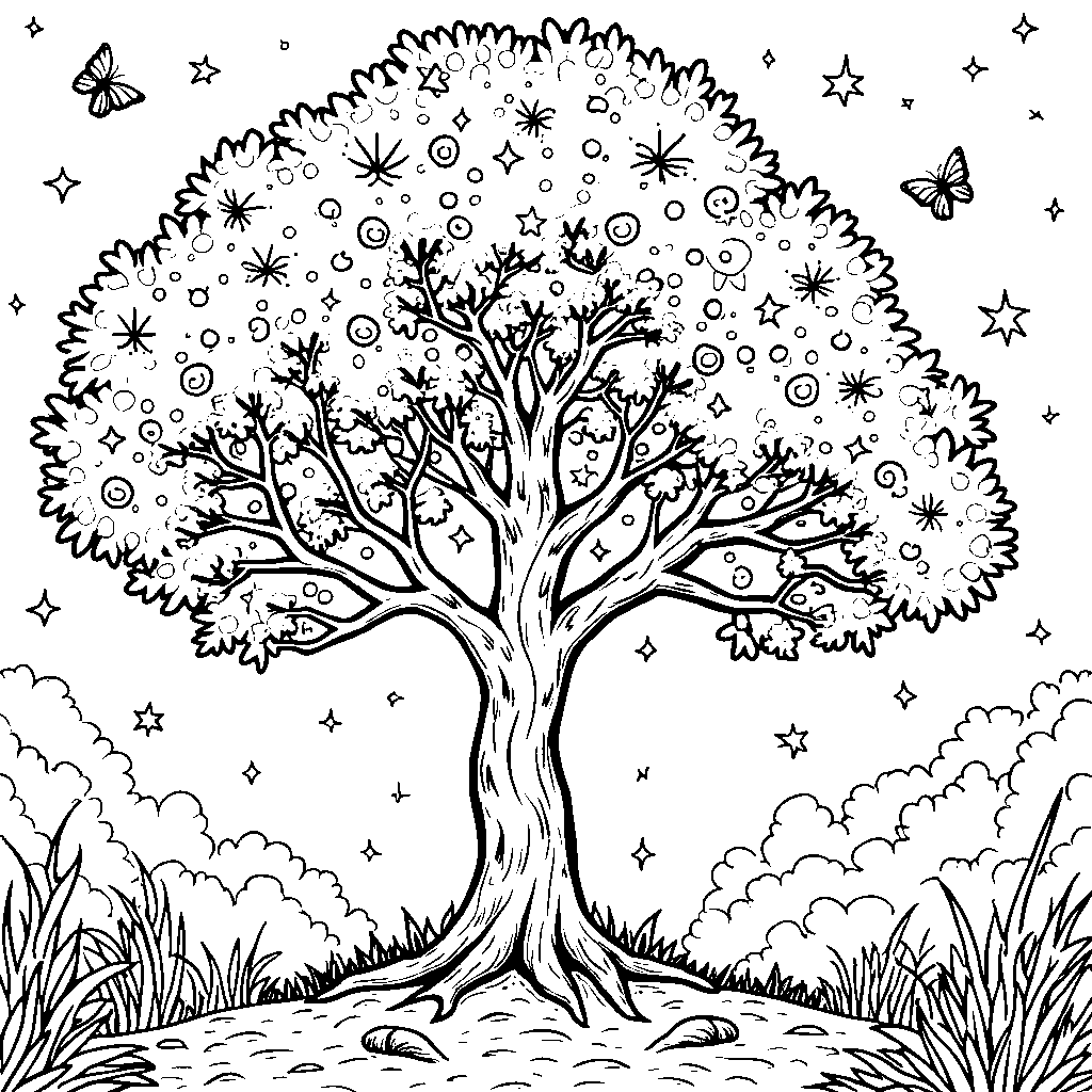 A tree growing in a magical forest with sparkles and fireflies