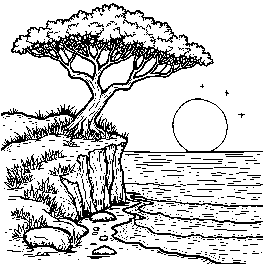 A tree that is growing on a cliff overlooking the ocean