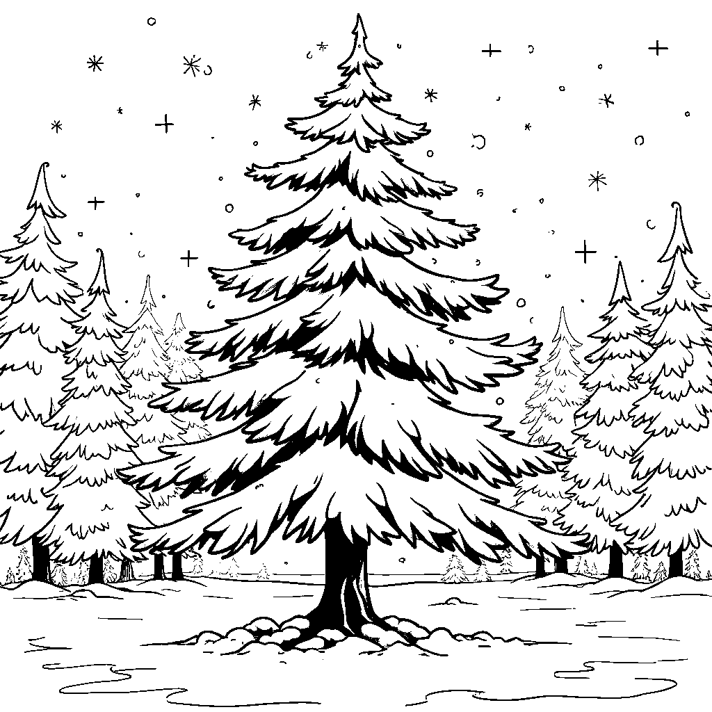 A tree in the snow with snowflakes gently falling