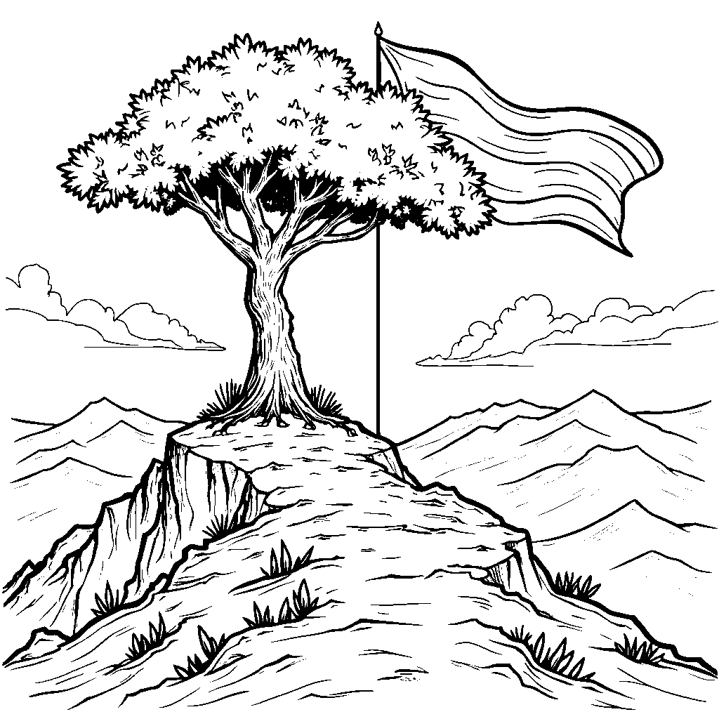 A tree on a mountain top with a flag waving in the wind