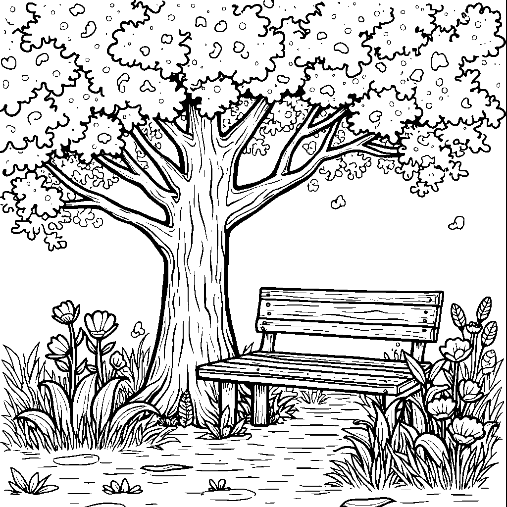 A tree with a bench underneath its branches