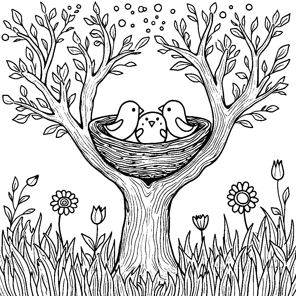 A tree with a bird's nest and baby birds peeking out