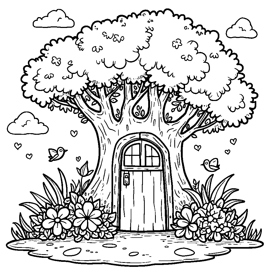 A tree with a door and windows, like a tiny house