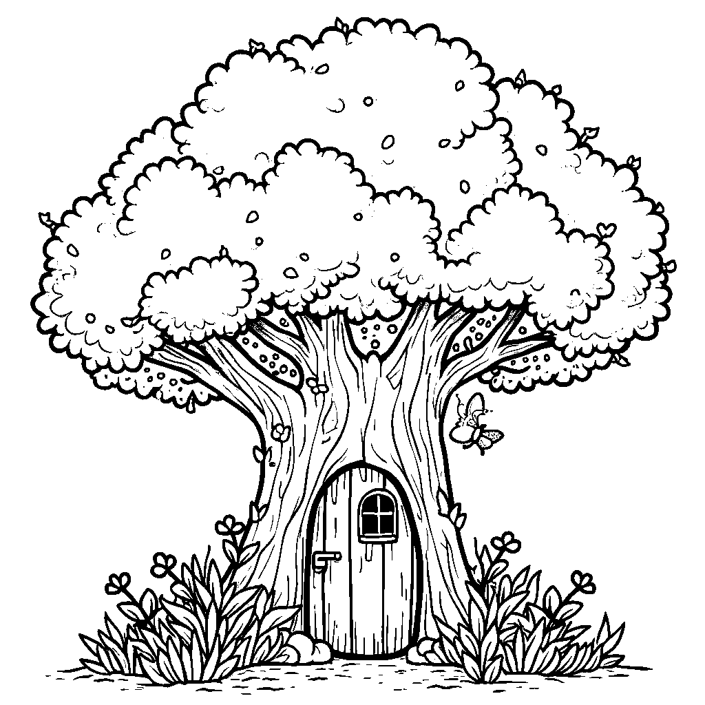 A tree with a fairy door and windows