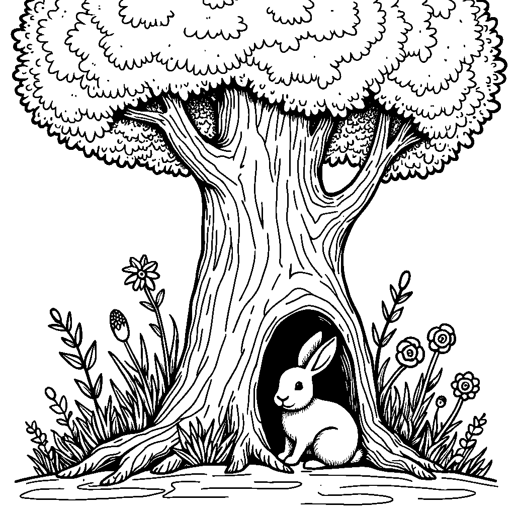 A tree with a hollow trunk that is home to a rabbit