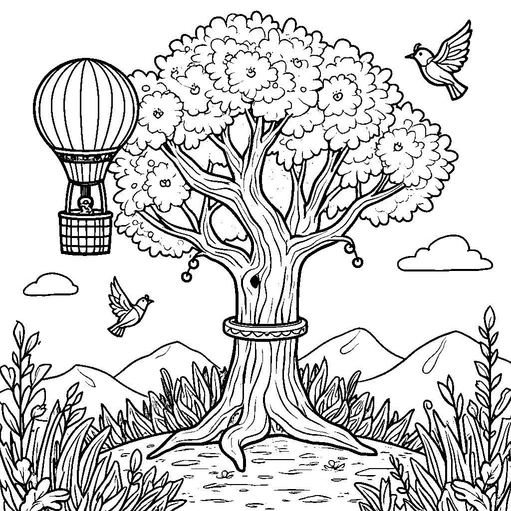 A tree with a hot air balloon tangled in its branches