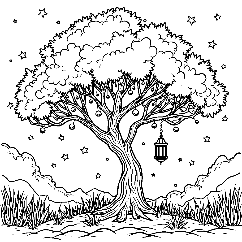 A tree with a lantern hanging from a branch