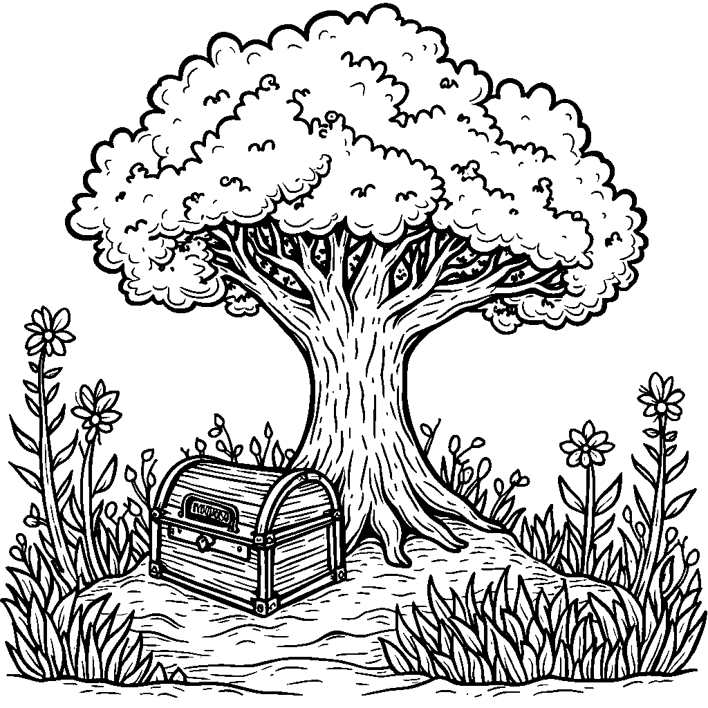 A tree with a treasure chest buried at its roots