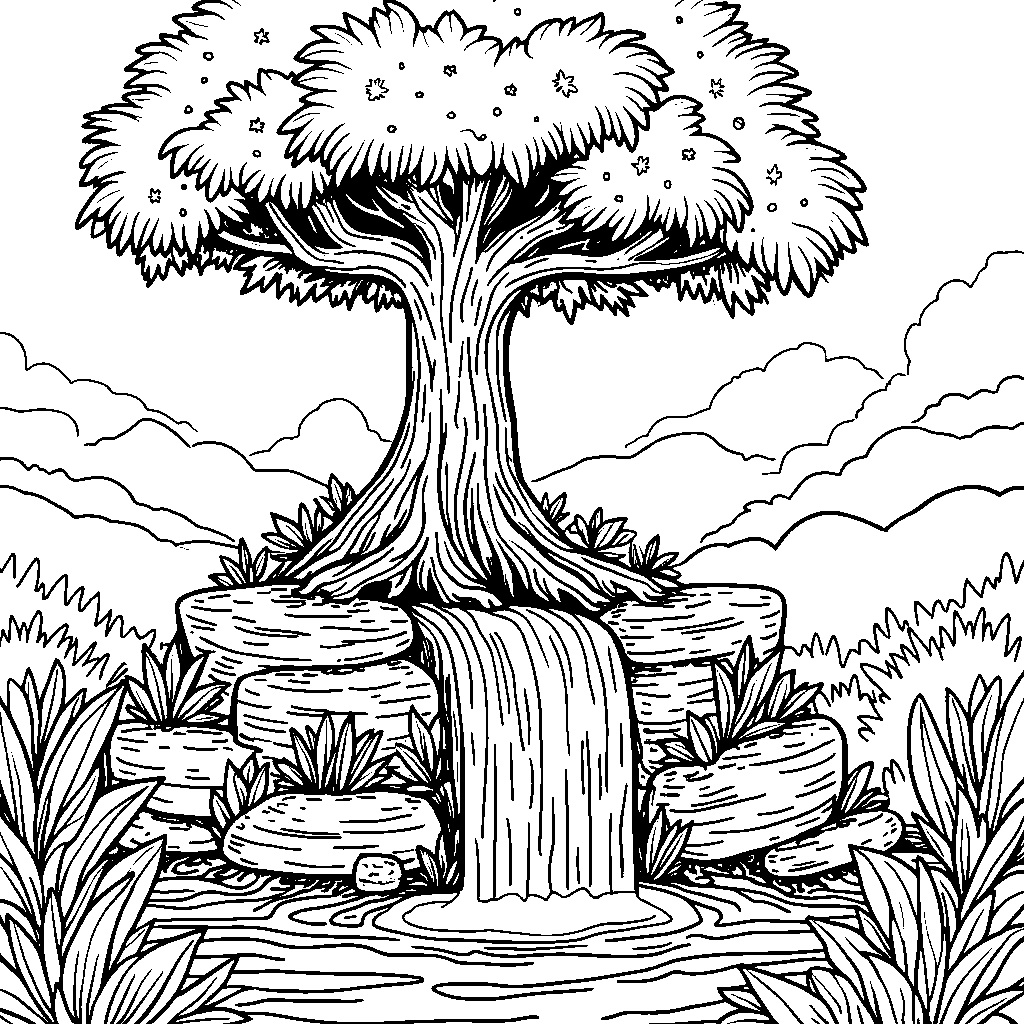 A tree with a waterfall flowing from its roots