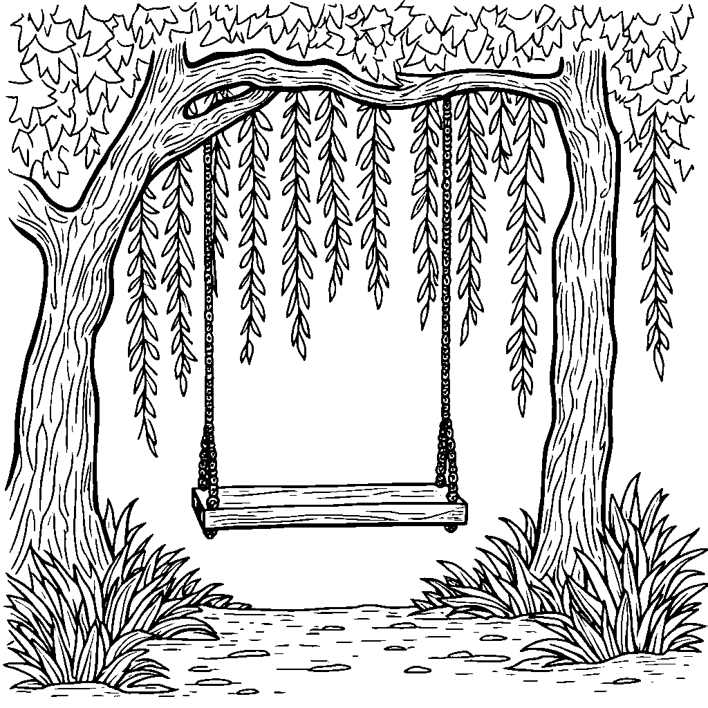 A weeping willow tree with a swing hanging from a branch