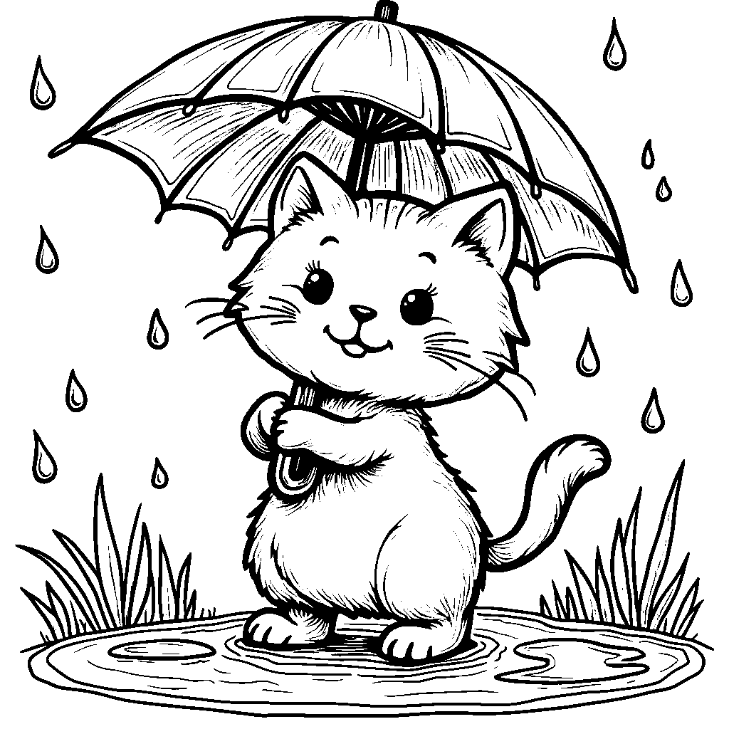 A cat holding an umbrella on a rainy day