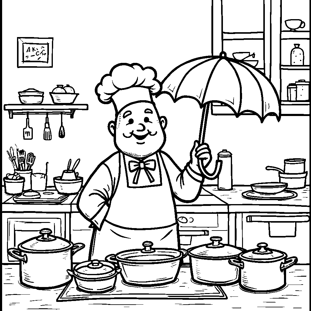 A chef holding an umbrella and wearing a chef's hat